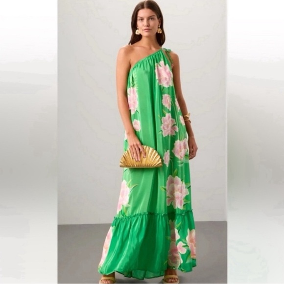FARM Rio Dresses & Skirts - FARM Rio Green One-Shoulder Maxi Dress with Pink Floral Print